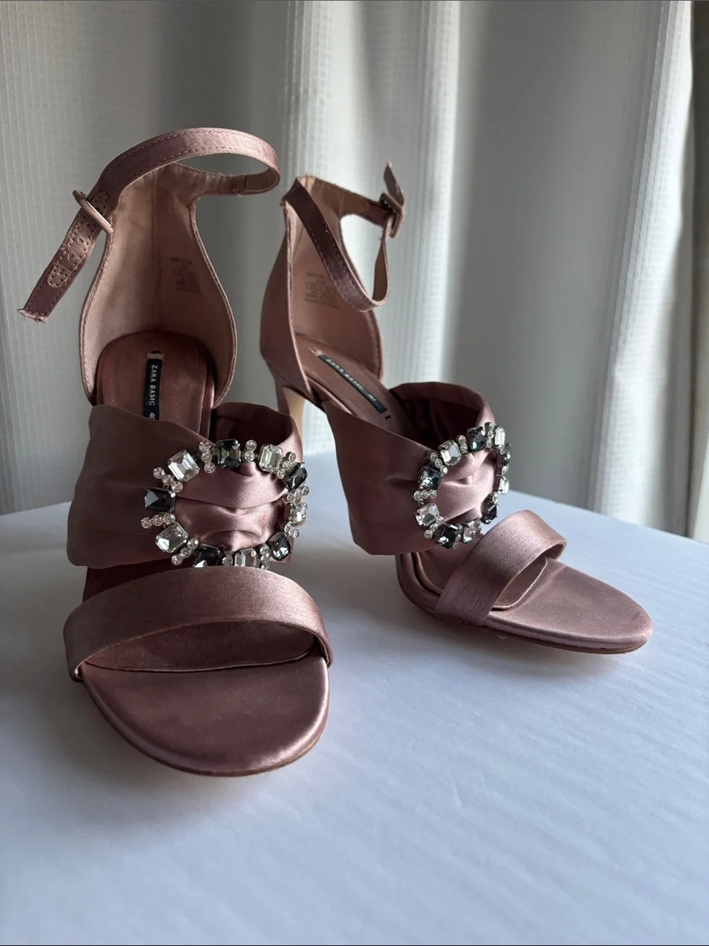 Satin Embellished Ankle-Strap Heels in Dusty Rose - Picture 1 of 9